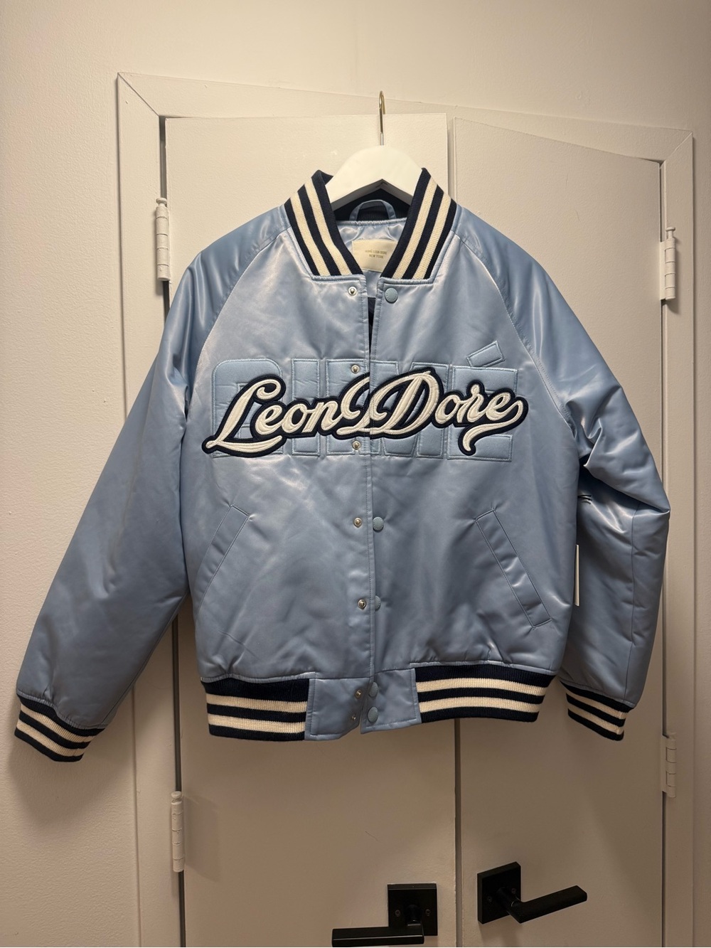 Aime Leon Dore Light Blue Varsity Bomber Jacket with Navy & White Trim